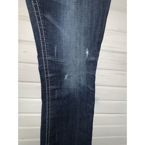 MEK DENIM Sz 29 32 St. Louis Easy Bootcut Dark Wash Denim Jeans Distressed EUC - Picture 4 of 9
